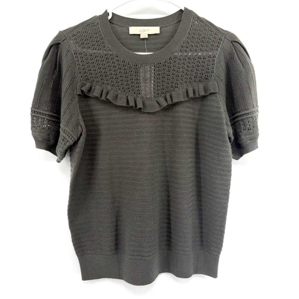 New Loft Ruffle Short Puff Sleeve Army Green Sweater Knit Wool Blend Women M NWT